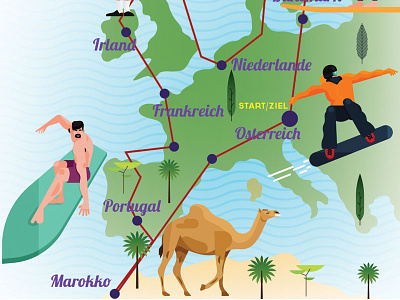 Surf camel editorial europe illustration map snowboard surf travel