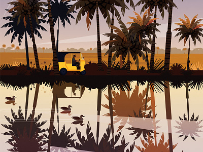 Tuktuk allepey duck horizon illustration india palm reflection river sunset tuktuk