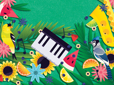 Summery crop bird bright colour flower fruit illustration instrument jazz music