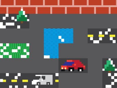 Close up of an exciting 8-bit project. 8bit app car game lake snow street tree