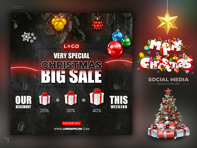 Merry Christmas Day Sale Social Media Post Design Template background christmas christmas day design eve free graphic design icon mockup red sale social media social media post design star template text tree typography ui ux
