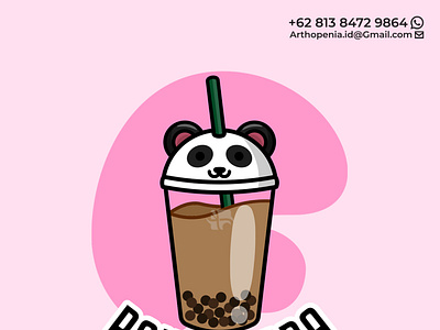 Boba with Cup Panda Logo Design boba drink iceblend logo logodesign panda thaitea