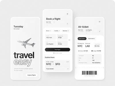 Flights Booking App airplane app booking flight graphic design mobile app monochrome plane tickets travel ui uiux ux