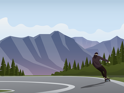 On the road cool day environment forest green hill illustration man nature people road skateboard skateboarding sunny