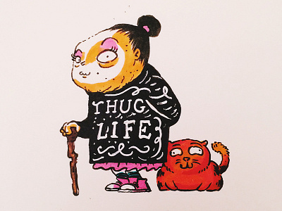 Thug Life cat drawing freehand grandma illos ink lettering pink