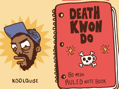 Death Kwon Do beard books cartoon characters coffee lettering skull vector