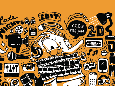 Media Melvin camera character coffee design eyes film hand lettering illustration media music numbers radio tv vector