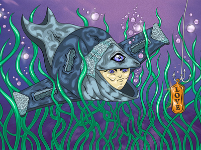 Underwater Love anime cartoon cartoon character cartoon illustration character fish fishing illustration love mystic plane purple underwater water
