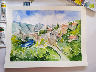 Mostar, Watercolor Sketch, Bosnia and Herzegovina, Balkans