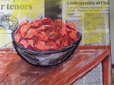 Strawberries on a Newspaper, Mixed Media, Food Drawing, Gouache