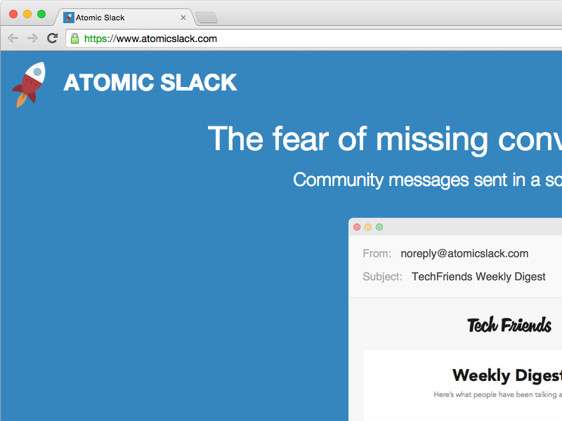 Atomic Slack marketing site ui ux community dashboard product slack