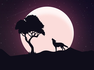 Howling Wolf in Night art creative design flat graphics howling illustration night sky wolf