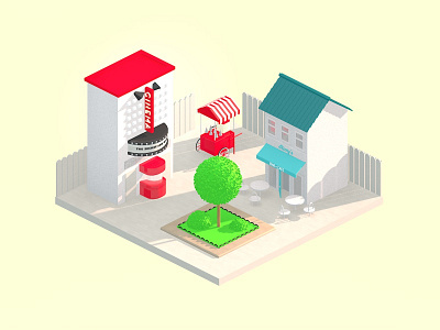 Mini isometric scene 3d green illustration pavement popcornstall scenery tree