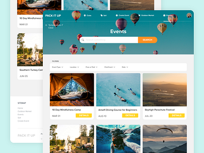 Packitup Events Page camping clean minimal ui ux web