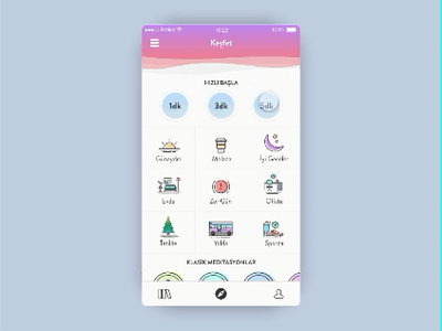 Mindfulness Meditation Page Transitions adobe adobexd animation app appdesign bright colorful custom icon design lean madewithxd meditation mindfulness packs player ui ui ux design
