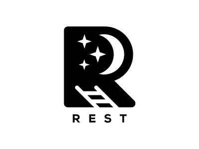 Rest app brand icon letter logo mark modern moon negative space night r stairs stars