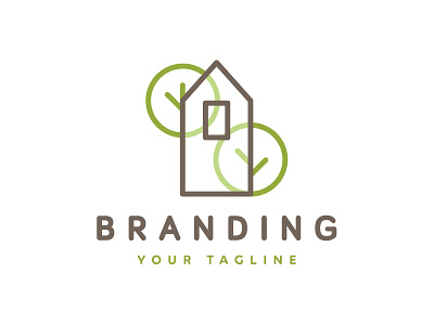 House With Trees Logo Design accommodation branding cute design gardens greenery greens growing house landscape architecture logo for sale logotype natural nature plants shrubs small tiny trees visual identity