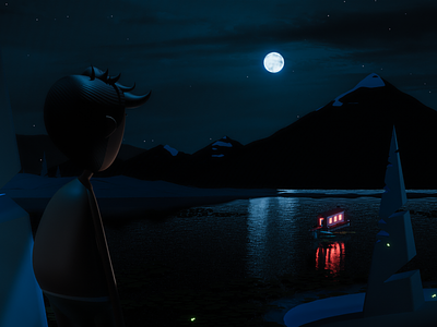Magical night blender blender3d blendercycles firefly forest hairstyle hill lake moon mountain night nightredner perspective sky stars trees