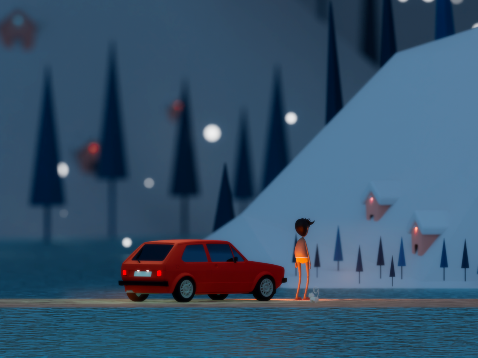 My Dearest Car 3d automobile blender blender3d bokeh car cat design illustration kashmir lake men minimal mountain night perspective trees vwpolo