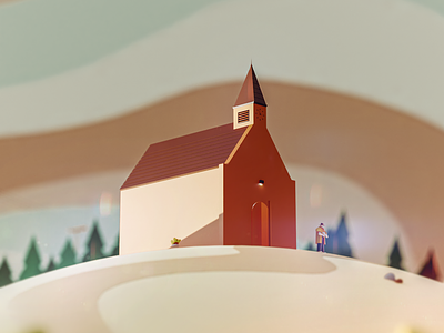 Lost in yesterday blender blender3d church illustrations minimal modeling mountain perspective retro sky trees