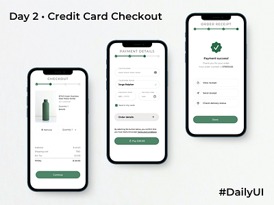 Day 2 • Credit card checkout checkout checkout process credit card checkout daily ui dailyui dailyui 002 dailyuichallenge day2 ecommerce green iphone app order confirmation payment ui user interface