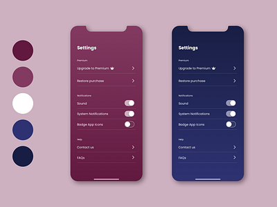 Day 7 • Settings screen 007 100daychallenge daily ui dailyui dailyuichallenge dark blue dark mode dark theme dark ui day7 iphone app purple settings settings page wine