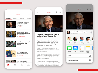 Day 10 • Share 010 100daychallenge article design article page daily ui dailyui dailyuichallenge iphone app minimalism news news app newsfeed red red and white redesign share share button ui100days uxdesign white