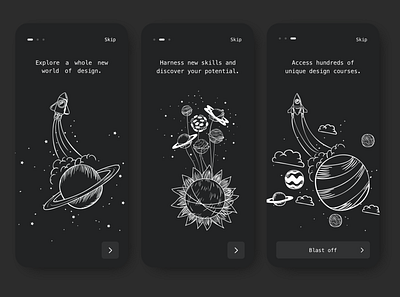 Onboarding - Dark Theme app appdesign dark darktheme minimal mobile onboarding space ui uichallenge ux