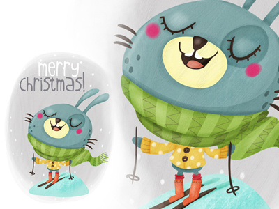Christmas Postcard christmas digital illustration rabbit skiing winter