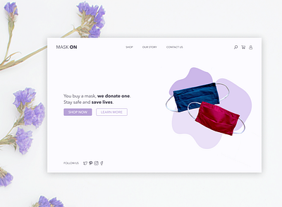 Landing Page: Mask On adobe blob clean clean ui dailyui design designchallenge figma illustrator landing page mask minimal product purple ui uidesign ux web web design website