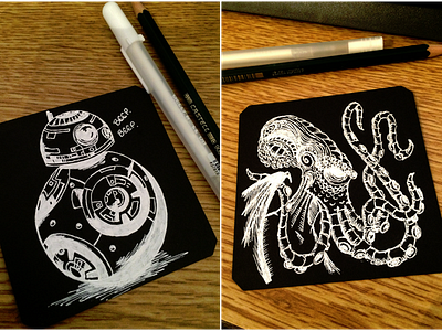 White Ink Doodles black paper traditional art white ink