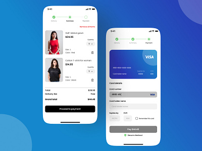 E-commerce: Order summary & Payment blue card design checkout creditcard cta button debit card delivery delivery service ecommerce ecommerce app ecommerce design ios payment payment form stepper ui design uidesign ux design uxdesign