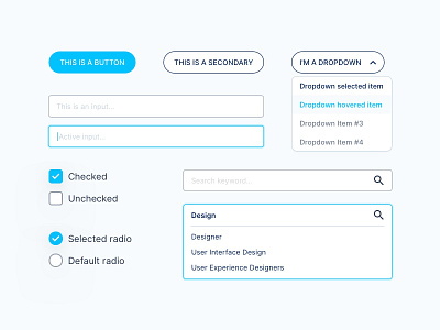 Buttons and Inputs blue button button states checkbox dropdown input input field search bar