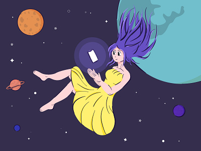 Girl with a phone in space adobe illustrator art character colorfull digital art drawing flat girl illustration illustrator light line mobile planet planets simple space star vector woman