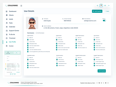 User Details and Permission Page Design branding craxinno craxinnotechnologies design details page figma design graphic design illustration logo permission design permission page design profile page software development technologies ui user profile page