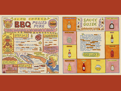 Pulled Pork BBQ Recipe Illustration bbq illustration bbq recipe book design book spread book spread design design drawing food design food illustration hand drawing hand lettered hand lettering recipe recipe app recipe book recipe book design recipe design recipe drawing recipe illustration typography design