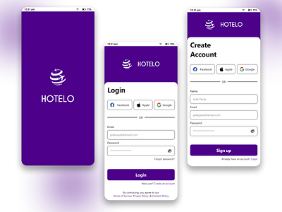Hotelo - a hotel booking app login and signup pages hotel mobile mobile app travel travel app