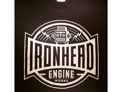 Ironhead auto engine lettering logo robot shirt silkscreen tee