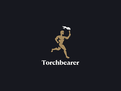 Torchbearer abstract body branding dark figure fire gold human light logo man mark minimal night olympics running sport strength torch visual identity