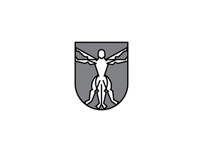 Vitruvian Man branding coat of arms design geometry graphic design human icon illustration leonardo da vinci line art logo mark minimal modern heraldry proportions renaissance shield t pose ui vector