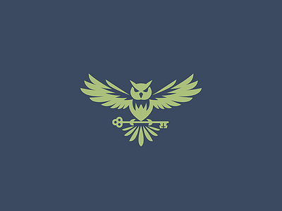 Owl animal bird bird of prey branding design heraldry icon illustration key knowledge lock logo mark minimal night owl unlock wings wisdom