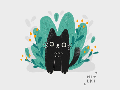 Black Cat with Floral Illustration digitalillustration illustration