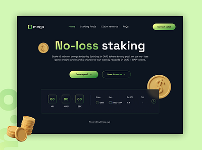 Omega No-loss gaming dApp branding crypto dapps defi design icon illustration logo minimal no loss typography ui ux vector