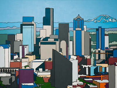 Seattle acrylic canvas cityscape landscape mount rainer painting pop art washington