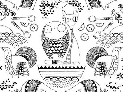 The Owl and the Pussycat - repeat pattern detail animals character childrens book detail hand drawn illustration monochrome pattern