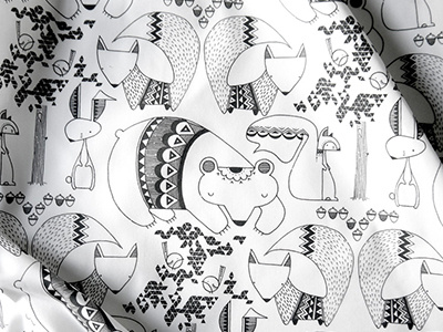 Forest Pattern Fabric Mairead Murphy animals character childrens book detail hand drawn illustration monochrome pattern