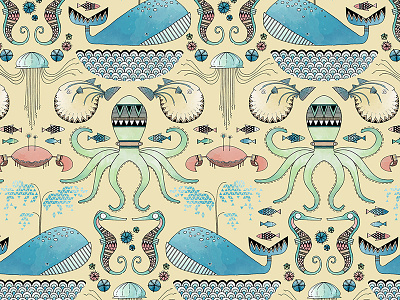 Under The Sea Pattern animals beach character hand drawing illustration ocean pastel pattern repeat summertime