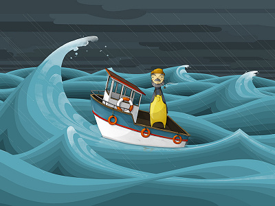 Archie character childrens illustration fisherman hand drawing illustration ocean photoshop storm storybook waves