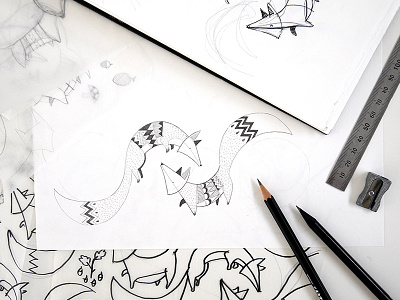 Winter Fox - sketch animal creatures forest fox hand drawing monochrome pencil sketch work in progress