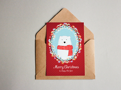 Merry Christmas postcard bear illustration lights new year postcard